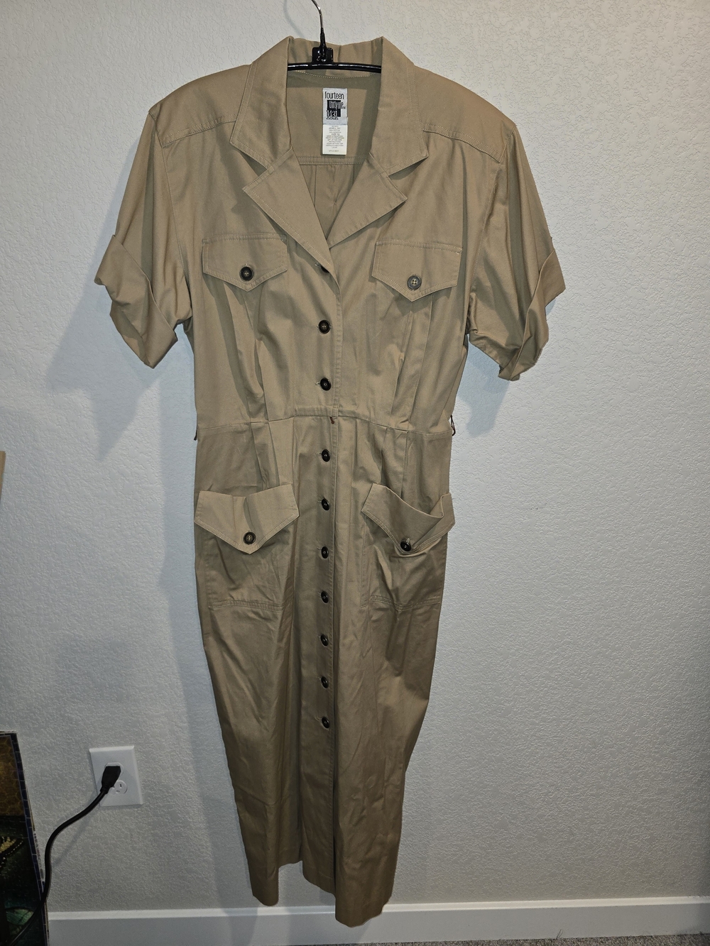 Vintage 80s Fourteen Thirty-One Safari Shirt Dress Tan Khaki Cotton Midi - Size